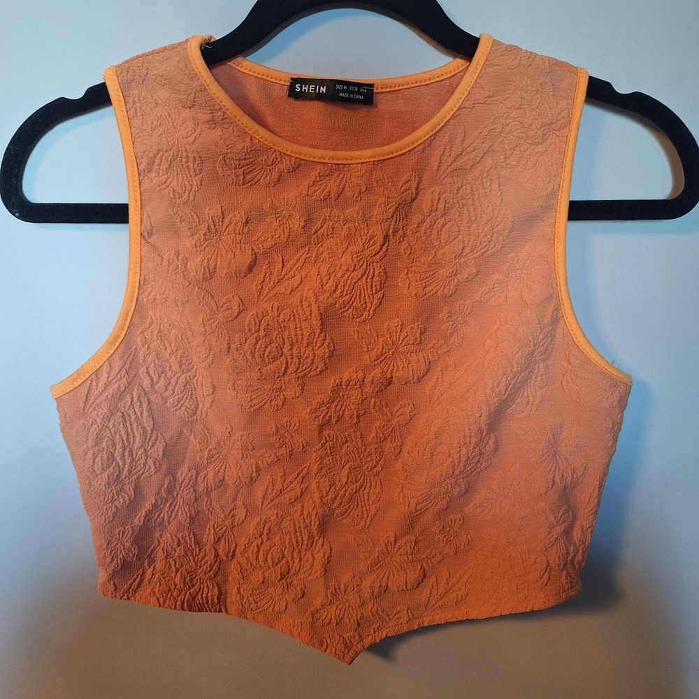 SHEIN Orange Floral Jacquard Sleeveless Handkerchief Hem Crop Top Size Medium